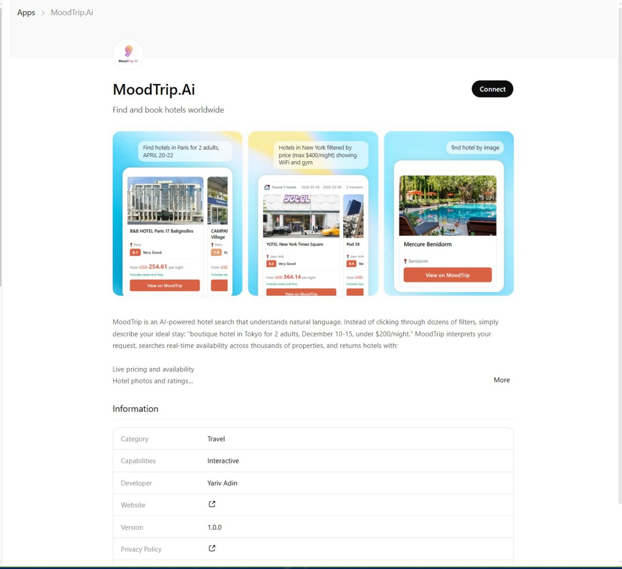 MoodTrip.AI listing in the ChatGPT Apps directory